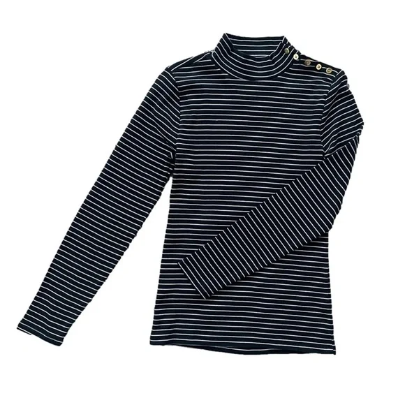 J. Crew Black Striped Gold Button Mock Neck Long Sleeve Top, S - Picture 3 of 12